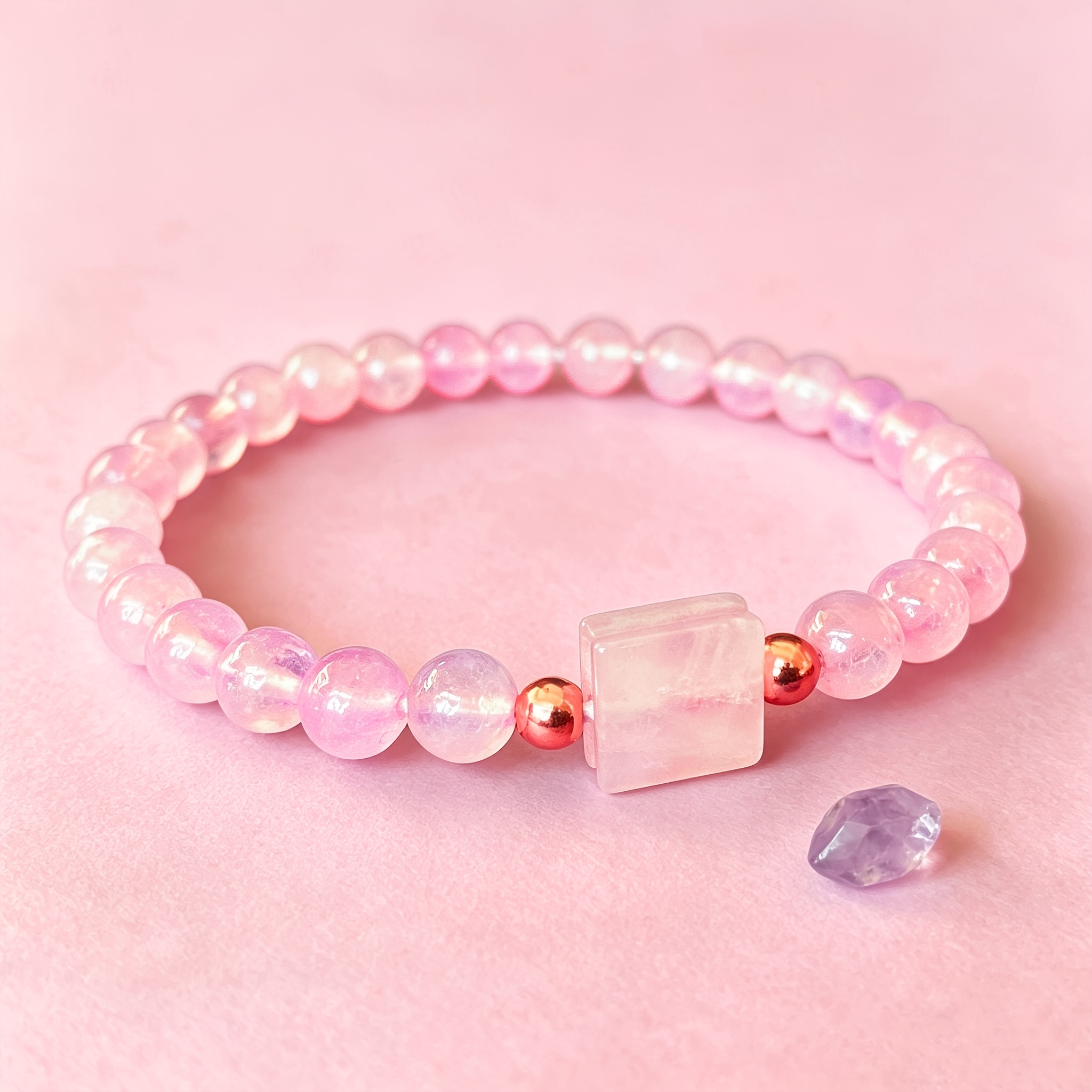 Natural Rose Quartz & Amethyst Bracelet, Adjustable Elastic Band